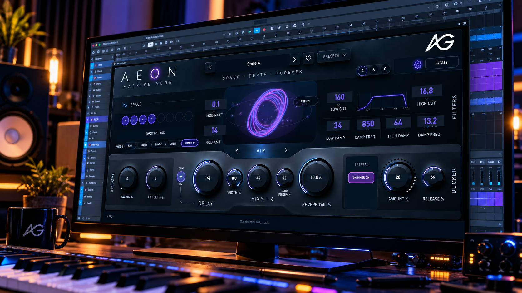 AEON Massive Verb abierto en una pantalla de estudio durante una sesión de mezcla
