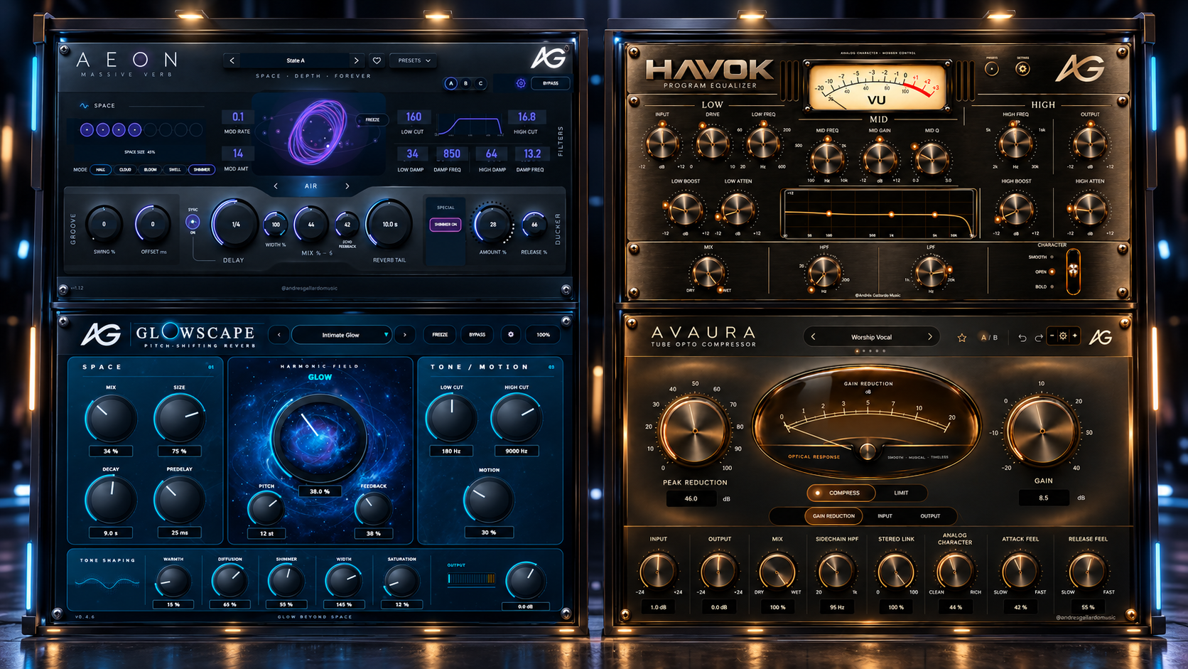 Mockup de los plugins AEON, HAVOK, GLOWSCAPE y AVAURA en un doble rack